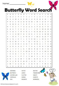 the butterfly word search is shown in this printable activity sheet for kids to learn how to