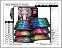 four different colored pencils are shown in front of each other and the box has an elephant's head on it