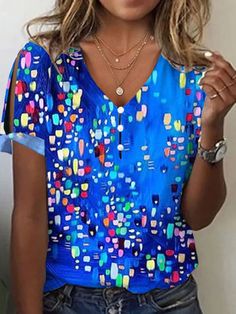 Product Name: Women's Blue Polka Dots Print Top V-Neck Short Sleeve T-Shirts Item NO.: 21820440 Weight: 0.2 kg = 0.4409 lb = 7.0548 oz Category: Clothing> Women> T-Shirts Creation Time: 2023-04-11 Edition type:LooseElasticity:No-ElasticityHem Type: Regular HemCollar/Neckline:V-NeckSleeve:Short-SleeveThickness:Light-weightDesign Elements:Polka Dots PrintStyle: CasualMaterial:Cotton BlendsWashing Mode: Machine WashSize:S,M,L,XL,2XL,3XL,4XLWeight:250GTheme:Fit for Women's Spring Outfits/Summer Outf Light Blue V-neck T-shirt For Summer, Blue V-neck T-shirt For Summer, Blue V-neck T-shirt For Spring, Light Blue Printed V-neck Top, Blue V-neck T-shirt With Graphic Print, Blue Graphic Print Short Sleeve Blouse, Women's Spring Outfits, Summer Outf, Face Shape Hairstyles