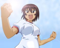 an anime character is making a funny face and raising her fist up in the air