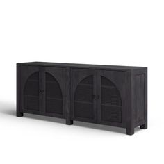 a black cabinet with three doors on the front and one door open to show it's side