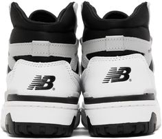 High-top paneled buffed leather and mesh sneakers in white. Perforated detailing throughout. · Lace-up closure · Logo patch at padded tongue · Padded collar · Logo appliqué at sides · Logo embossed at sides and heel counter · Mesh lining · Treaded rubber sole Supplier color: White/Black New Balance Leather Sneakers With Logo Patch, New Balance Sneakers With Logo Patch For Sports, White Leather Basketball Shoes With Logo, White High-top Basketball Shoes With Logo, Sporty High-top Sneakers With Logo Patch For Streetwear, Logo High-top Sneakers For Sports With Round Toe, White New Balance Sneakers With Logo, White Leather High-top Sneakers With Logo Patch, Sports High-top Sneakers With Logo Patch