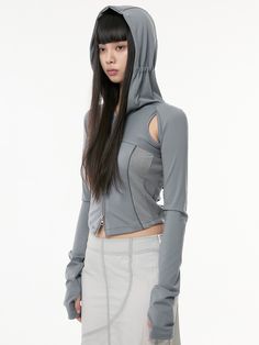 Editor's NotesThis unique zip-up hoodie features 19 panel incision, cut-out and thumbhole detail. It's cut from stretch fabric in three different texture - solid, mesh and rib.- Hooded neck with drawcord- Two-way zip-up fastening- Cut-out armhole and back- Raglan sleeves with thumbhole- Mixed-media- Fitted silhouetteMeasurements (in.)Size: One size- Total Length: 19.3 in.- Chest: 16.1 in.- Sleeve Length: 30.5 in.* Model info: Woman 1 - 5' 7.7 / Woman 2 - 5' 6.9Composition & Care- 100% Polyes Casual Coat, Hoodie Top, Grey Hoodie, Casual Jacket, Zip Up, Raglan Sleeve, Division, Fashion Inspo Outfits, Black Fashion