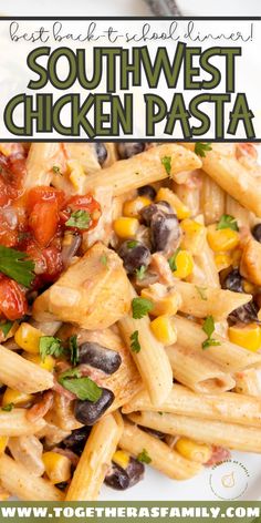 a white plate topped with pasta covered in black beans, corn and tomato sauce next to a fork