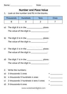 the number and place value worksheet is shown in this image, which includes two numbers