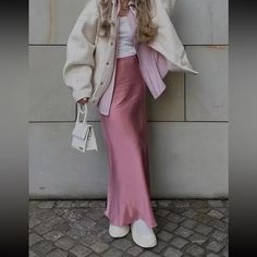 Pink Midi Satin Skirt High-Waist Rose Satin Skirt Outfit, Long Pink Skirt Outfit Winter, Feminine Relaxed Skirt For Fall, Feminine Fall Midi Skirt, Feminine Midi Skirt For Fall, Feminine Fall Lined Skirt, Feminine Lined Skirt For Fall, Feminine Mini Skirt For Fall, Feminine Fall Maxi Skirt