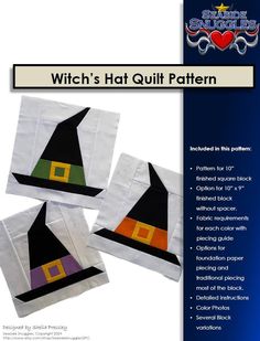 three pieces of fabric with witches hats on them