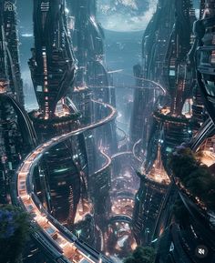 a futuristic city with lots of lights on the buildings and roads in the middle of it