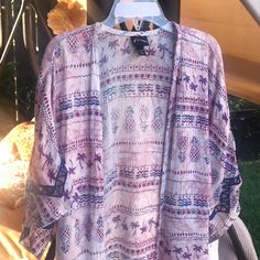 Pretty Embroidered Lace On Sleeves & On Bottom Of Front. Armpit To Armpit 17 Inches, Length 33 1/2 Inches, 100% Rayon. Size: S (6/6x) Lavender Summer Tops For Vacation, Lavender Summer Top For Vacation, Purple Short Sleeve Beach Top, Casual Printed Purple Tops, Casual Purple Printed Tops, Summer Printed Purple Tops, Purple Printed Summer Top, Purple Printed Tops With Relaxed Fit, Summer Purple Printed Tops