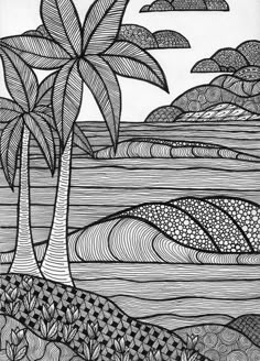 a black and white drawing of palm trees on the beach