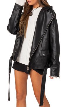 An oversized silhouette paired with a faux-leather fabrication updates this classic moto jacket for today's cool kids. Asymmetric zip closure Notched lapels Chest welt pocket; front snap-flap patch pockets Removable belt 100% polyurethane Hand wash, dry flat Imported