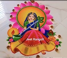 an image of a woman sitting in front of a flower with the words jeet rangoli on it