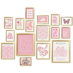 a collection of pink and gold framed pictures on a white wall with butterflies, flowers, and other decorative items