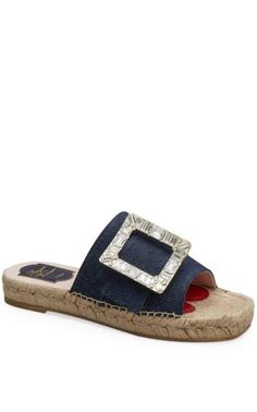 A signature crystal embellished buckle tops these dark denim espadrille slides.Textile upperOpen toeSlip on styleLeather liningRubber soleMade in Italy Roger Vivier Sandals, Chevron Jewelry, Denim Espadrilles, Roger Vivier Shoes, Latest Handbags, Espadrilles Slides, Buckle Top, Embellished Denim, Shoes Flats Sandals