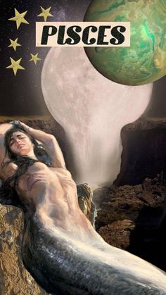 a painting of a woman laying on top of a rock next to a giant moon