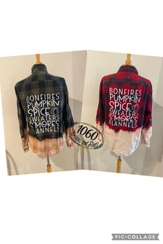 "We take preloved flannel shirts and create something new. Each one is bleached/distressed and has the design applied to the back in black. Each one is one of a kind so don't miss out. I'm discontinuing this design so these will be the last ones I make. So, get yours before they're gone.  Options we have in stock are shown in pictures. You will be receiving one of the shirts shown, so you know exactly what you are getting.  If you have any questions please feel free to message us. We are more th Bleached Fall Shirts, Custom Flannel Shirts, Distressed Flannel Shirts, Bleached Flannel Shirts With Designs, Bleached Clothes, Sayings For Shirts, Flannel Upcycle, Flannel Shirt Refashion, Fall Bonfire