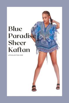 Looking for a glamorous addition to your wardrobe? Look no further than the Blue Paradise Sheer Kaftan! This must-have piece is the perfect combination of luxury and style. Crafted with silky poly georgette, it feels as luxurious as it looks. The Blue Fantasy mix media print is a stunning combination of paisleys and flowers that will turn heads wherever you go. Summer Georgette Tunic Kaftan, Silk Blouse For Vacation, Summer Tunic Dress In Georgette, Blue Georgette Blouse For Summer, Blue Chic Kaftan For Summer, Chic Blue Kaftan For Summer, Blue Silk Summer Blouse, Elegant Summer Georgette Blouse, Elegant Silk Blouse For Vacation