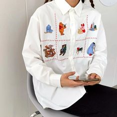 Cartoon Animal Embroidery Long Sleeve Shirt sold by Tony Moly Store on Storenvy Trendy White Winter Shirt, Trendy White Shirt With Cartoon Print, White Collared Embroidered Shirt, White Embroidered Collared Shirt, Long Sleeve Cartoon Print Relaxed Fit Shirt, Relaxed Fit Long Sleeve Shirt With Cartoon Print, White Embroidered Winter Tops, White Embroidered Long Sleeve Shirt, Winter White Embroidered Tops