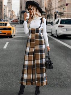 Multicolor Casual Collar Sleeveless Woven Fabric Plaid Wide Leg Embellished Non-Stretch  Women Clothing Glam Modern, Polished Casual, Overall Jumpsuit, Plaid Tie, Couture Runway, Black Romper, Vintage Streetwear, Dressy Casual, Plaid Print