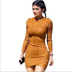 Dress Chic Orange Bodycon Evening Dress, Chic Orange Evening Bodycon Dress, Chic Orange Bodycon Dress For Party, Chic Orange Bodycon Party Dress, Chic Brown Bodycon Dress For Fall, Chic Fitted Orange Bodycon Dress, Chic Orange Fitted Bodycon Dress, Brown Bodycon Dress For Fall Night Out, Trendy Orange Mini Dress For Night Out