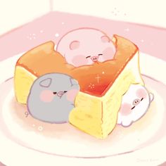 three little pigs sitting on top of a piece of cheese