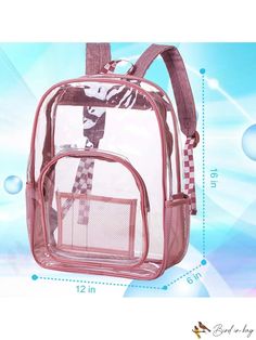 BirdinBag - Pink Clear Heavy Duty Backpack: Transparent PVC Bookbag for Men and Women Daily Use Mesh Backpack Bag, Trendy Backpack With Transparent Straps, School Backpack With Transparent Straps And Rectangular Shape, Pink School Backpack With Clear Strap, Rectangular Backpack With Transparent Straps For Travel, Pink Backpack With Clear Strap For Everyday Use, Backpack With Transparent Straps For Travel, Daily Use Backpack With Transparent Straps, Travel Backpack With Transparent Straps