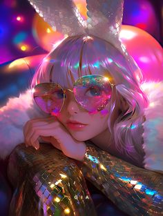 a woman with bunny ears and glasses in front of colorful lights, wearing shiny clothing