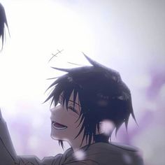 two anime characters one with black hair and the other with dark hair looking at each other