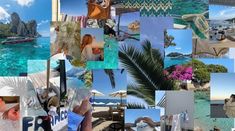 a collage of pictures with people on the beach