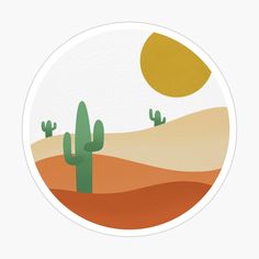 a round sticker with a cactus and sun in the background