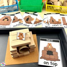 some sort of animal themed activities for kids to do on top of a table with other items