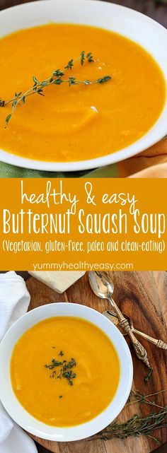 two bowls of butternut squash soup on a wooden table