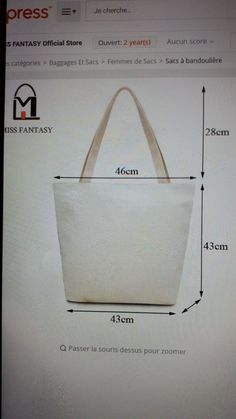 an image of a large white bag on a computer screen with measurements for the size