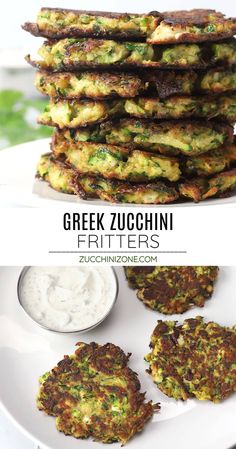 greek zucchini fritters on a white plate with dipping sauce