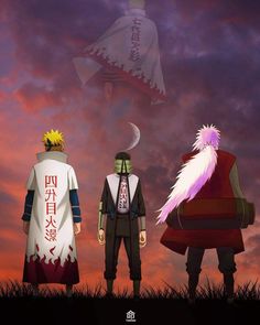 two anime characters standing in front of an orange and purple sky with clouds behind them