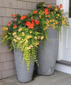 two large pots with flowers on the front porch