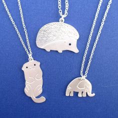 Animals Themed Hedgehog Elephant Sea Otter 3 Piece Necklace Set Cute Silver Hypoallergenic Necklace, Playful Adjustable Silver Necklace, Playful Silver Charm Necklaces, Playful Adjustable Silver Charm Necklace, Cute Hypoallergenic Silver Charm Necklaces, Silver Novelty Necklaces With Charms, Novelty Silver Necklaces With Charms, Playful Silver Necklaces With Charms, Cute Nickel-free Silver Charm Necklace