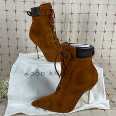 Good American “Scandal” Lace Up Ankle Boots The Color Is A Rich Golden Brown Lace Up Front, Pointed Toe, Gleaming Gold Stiletto 4 1/4” Heel Suede Women’s Size 7.5 These Are New In Box. Box May Have Some Damage Cloth Storage Bag Included Style # Ga012k-X Be Sure To Check Out The Photos As They Are Part Of The Description Smoke Free Home Chic Lace-up Boots With Pointed Toe For Party, Chic High Ankle Lace-up Boots For Evening, Fitted Suede Lace-up Boots With Pointed Toe, Brown High Heel Lace-up Boots For Party, Designer High Ankle Heels, Designer Fitted High Ankle Heels, Elegant High Heel Brown Lace-up Boots, Suede High Ankle Heels For Evening, Brown Heeled Boots With Sculpted Heel For Party