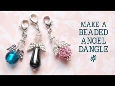 three different colored beads are hanging from silver hooks on a pink and white background with the words make a beaded angel dangle