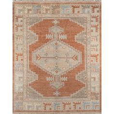 an orange and beige area rug on a white background with various colored designs in the middle