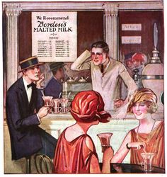 an old fashioned advertisement featuring men and women at a bar