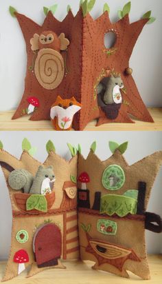 two pictures of stuffed animals in the shape of trees and houses, one is made out of felt