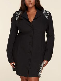 Black Rhinestone Blazer Short Dress Blazer Dress features peak collars, structured shoulders embellished with a Rhinestone design, a button-down front, and finished off with a Rhinestone cutout detail hem. Self: 77% Polyester, 17% Rayon, 6% Spandex Lining: 100% Polyester Model Shown Wearing: 1X Rhinestone Blazer, Black Blazer Dress, Dress Blazer, Plus Size Beauty, Rhinestone Designs, Design Dress, Black Rhinestone, Black Blazer, Blazer Dress