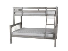 a metal bunk bed with white mattresses and ladders on the bottom level, against a white background