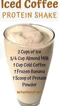 iced coffee protein shake recipe in a glass with information about the ingredients and how to use it