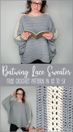 a woman wearing a gray crochet sweater with text reading bating lace sweater free crochet pattern in xs to 5x