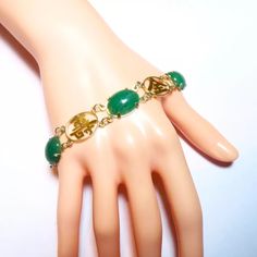 Vintage 14k Gold Chinese Characters Green "Old Jade" Aventurine Link Bracelet | eBay Luxury Green Oval Bracelet, Luxury Green Cabochon Jewelry, Elegant Aventurine Gemstone Jewelry, Yellow Gold Jade Jewelry With Cabochon, Classic Green Jade Jewelry, Elegant Adjustable Green Gold Bracelet, Luxury Green Collectible Jewelry, Collectible 14k Gold Green Jewelry, Fine Jewelry Gold Bracelet With Green Gemstone