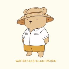 a teddy bear wearing a hat and shorts with the words watercolor illustration on it