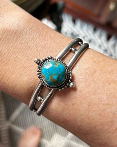 "Turquoise Beaded Cuff Bracelet- Handmade- Sterling Silver- 5\" round with opening- fits a small wrist" Cuff Bracelets Handmade, Tempe Az, Beaded Cuff Bracelet, Beaded Cuff, Bracelet Handmade, Turquoise Beads, Handmade Sterling Silver, Sterling Silber, Handmade Bracelets