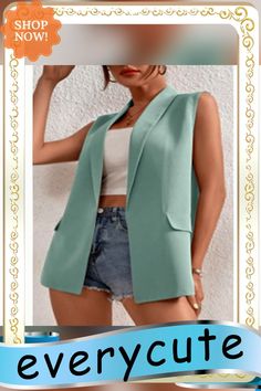 Blue-green Lapel Collar Sleeveless Blazer Sleeveless Blazer, Lapel Collar, Blue Green, Blazer, Collar, Green, Blue